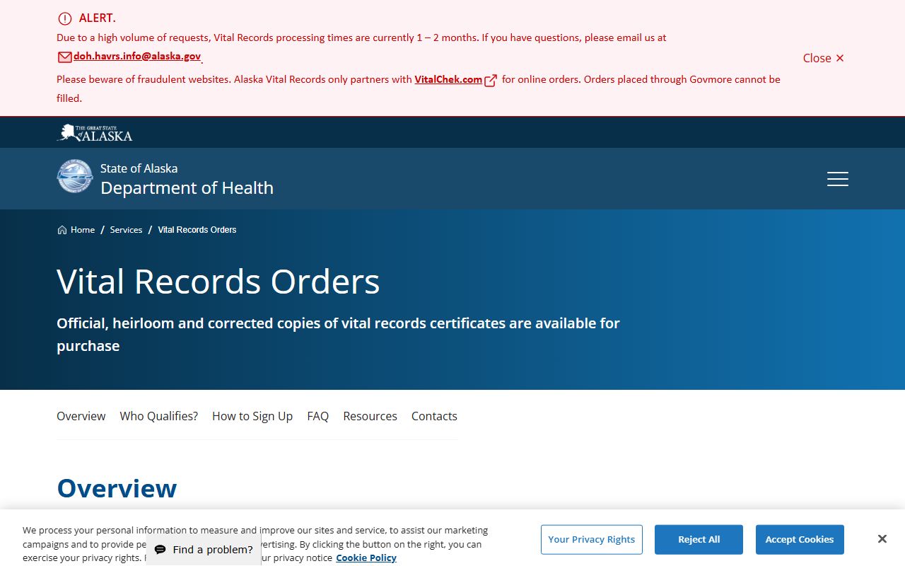 Alaska Vital Records orders page for Anchorage Municipality divorce certificate requests