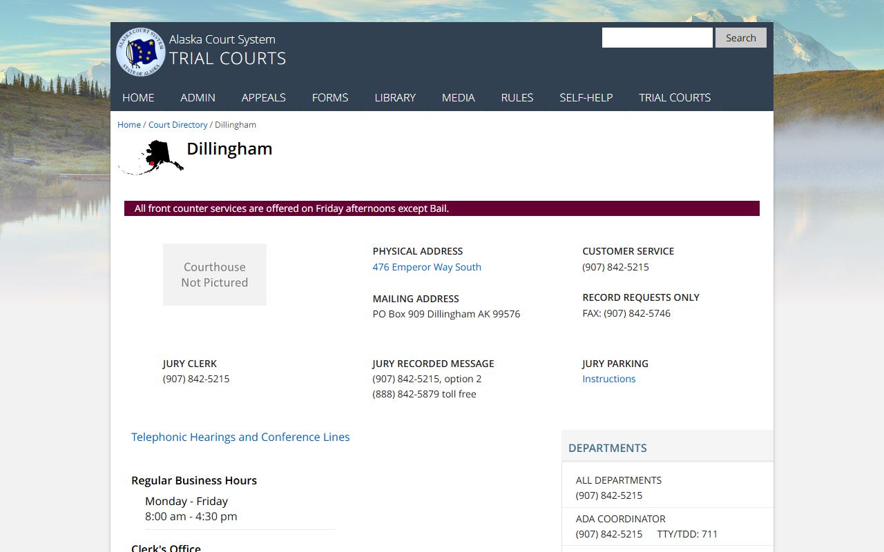 Dillingham Court directory page serving Bristol Bay Borough divorce record filings