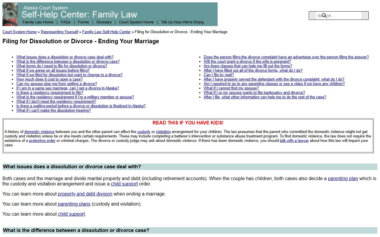 Alaska divorce filing guide from the Court System