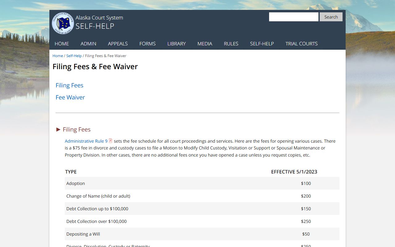 Alaska court filing fees information for divorce and dissolution