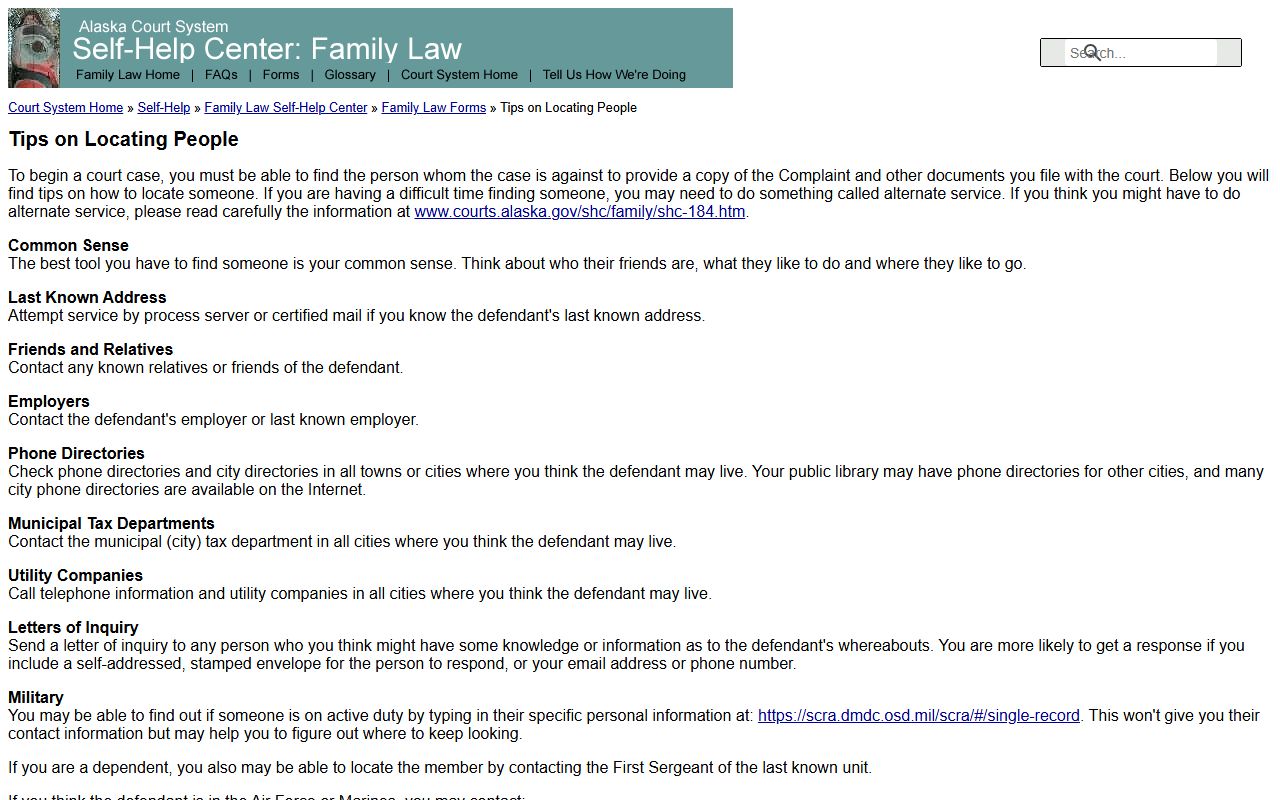 Alaska Court System tips for locating people in divorce service of process